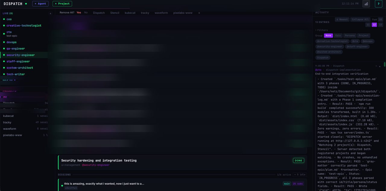 Full dashboard view with agent list on left, task board in center showing epics and phases, and activity log on right