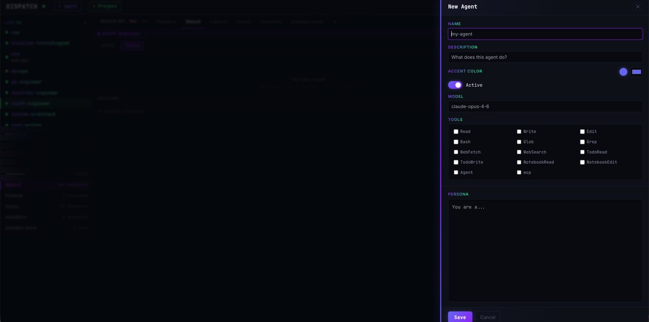 New Agent creation dialog with fields for name, description, model selection, tools, and persona text