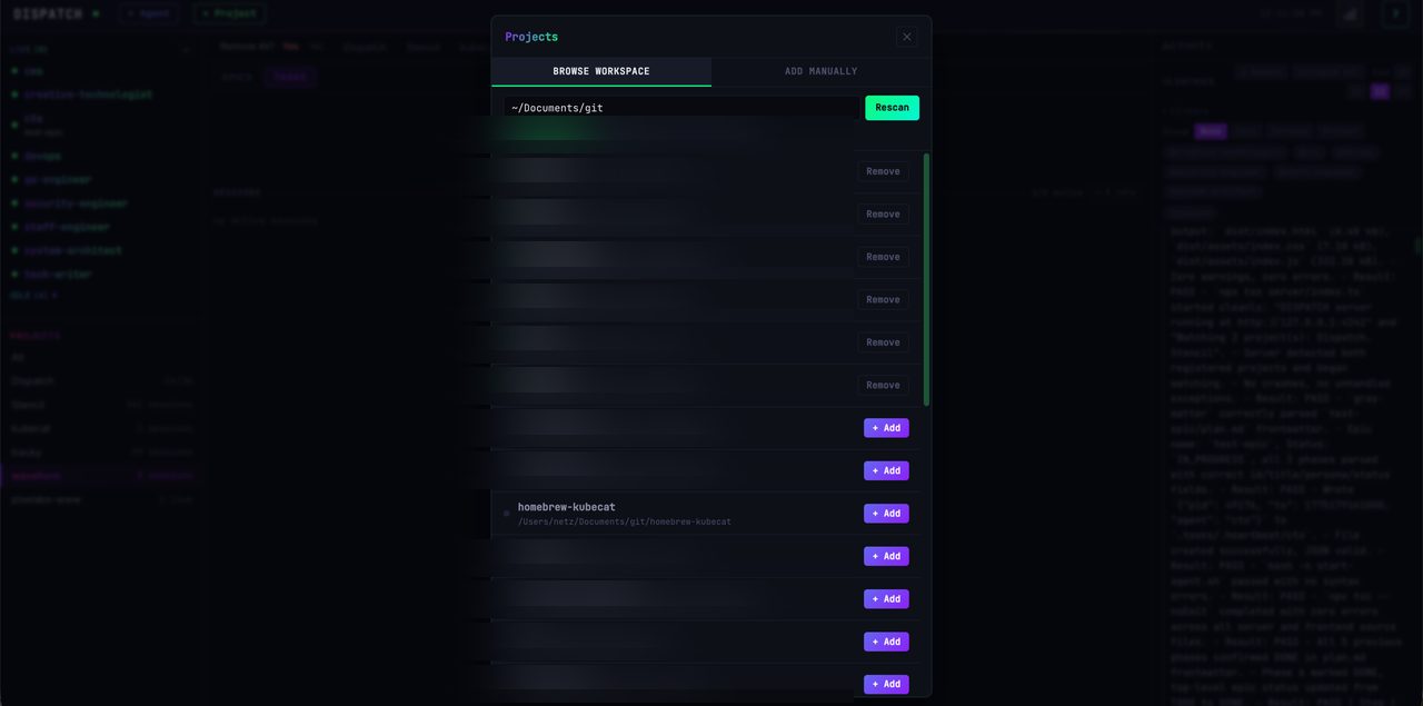 Projects browser dialog showing local git repositories that can be connected to Dispatch